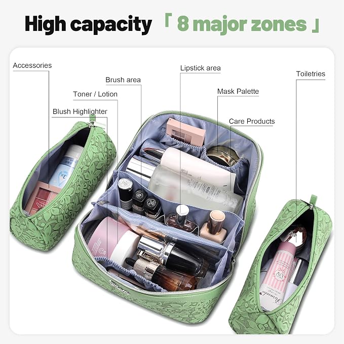 BOYATU Travel Makeup Bag Cosmetic Bags for Women: Large Capacity 3 Pcs Set Make up Bag with Compartments - Waterproof Vegan Leather Toiletry Organizer Bags with Handle (Z-65Light Green) - Image 4