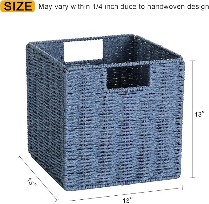 Vagusicc Wicker Storage Basket, Set of 2 Hand-Woven Storage Baskets for Shelves with Handles, Foldable Cube Storage Bins Organizer, Blue 13x13 Inch Large Wicker Baskets for Pantry Bedroom Decor, Blue - Image 3