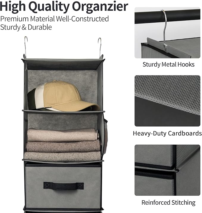 GRANNY SAYS 6-Shelf Hanging Closet Organizer, Separable to 2 Pack 3-Shelf, Closet Organization and Storage with 3 Different Drawers, 4 Side Pockets Wardrobe Clothes Organizer, Gray, 1-Pack - Image 5