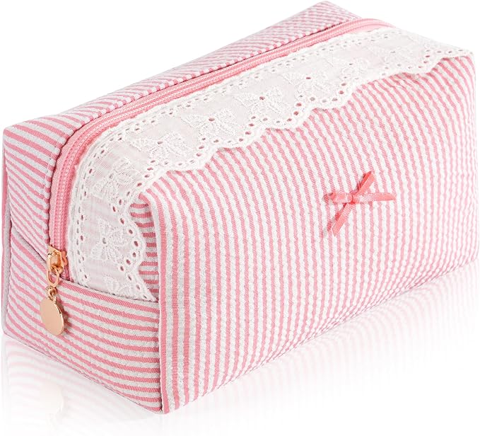 Makeup Bag Travel Toiletry Bag for Women, Small Cosmetic Bags with Lace Trim Cute Blush Stripe Aesthetic Organizer Makeup Pouch for Purse Emergency Bag Pencil Case Accessory Bag by Unknown