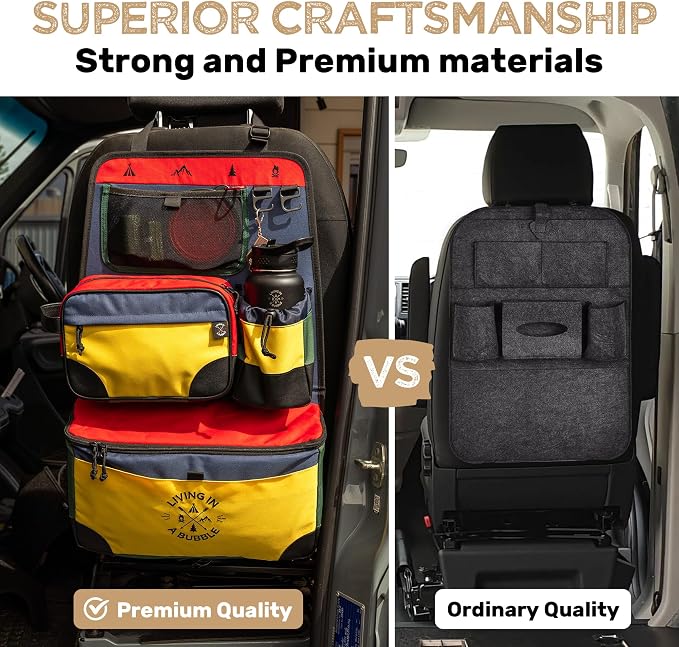 Living in a Bubble Seat back Organizer – Magnetic Toiletry and Cooler Pouch, Cordura Car Backseat Storage with Device Holder & Hooks, Multi-Compartment Utility Bag for Campervans & Family Travel - Image 8