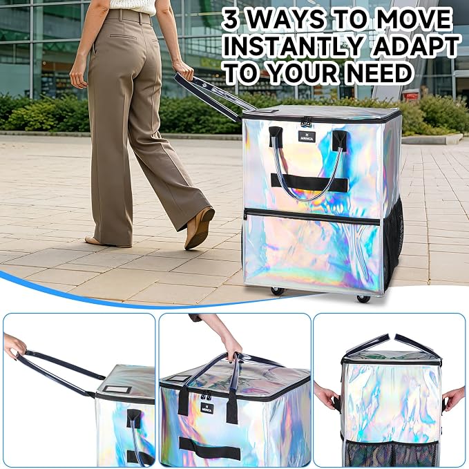 Reusable Grocery Bag On Wheels, 70L Foldable Rolling Tote Bag, Heavy Duty Shopping Cart, Water Resistant, 6 Pockets, Collapsible Portable Shopping Trolley for Travel Camping, Medium Gradient Silver - Image 3