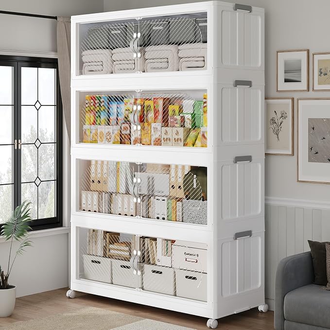 60Gal/240QT 4-Tiers Extra Large Stackable Storage Bins with Lid, Collapsible Cabinet Closet Organizer Plastic Container Box with Wheels Doors Drawers for Office Dorm Kitchen, White by Unknown