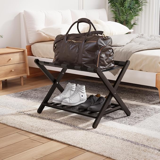 Smuxee Fully Assembled Luggage Rack for Guest Room, Upgraded Bamboo Foldable Suitcase Stand with 5 Nylon Straps, Luggage Holder with Shelf for Bedroom Hotel - Image 7
