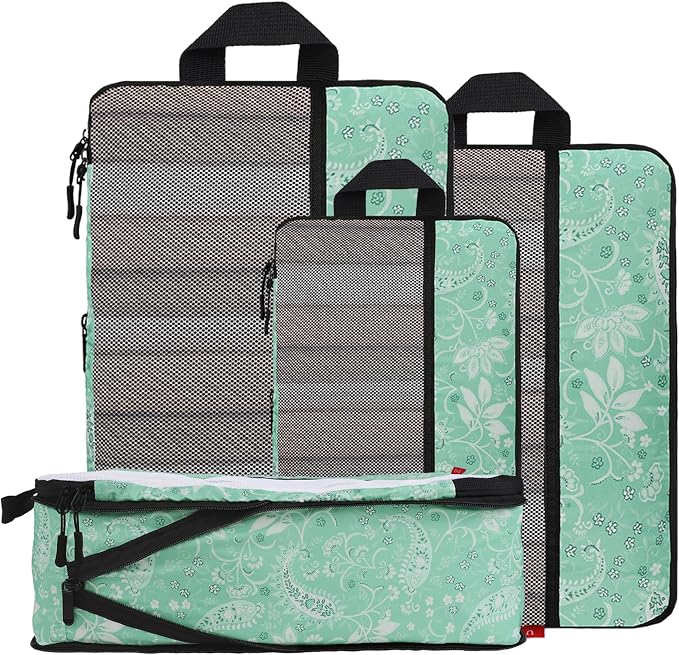U+U 4 Set Compression Packing Cubes - Ultralight Travel Organizers, Space-Saving Suitcase Organizer, Expandable Packing Cubes for Travel, Business Trip and Family Vacation (Green Paisley) by UU