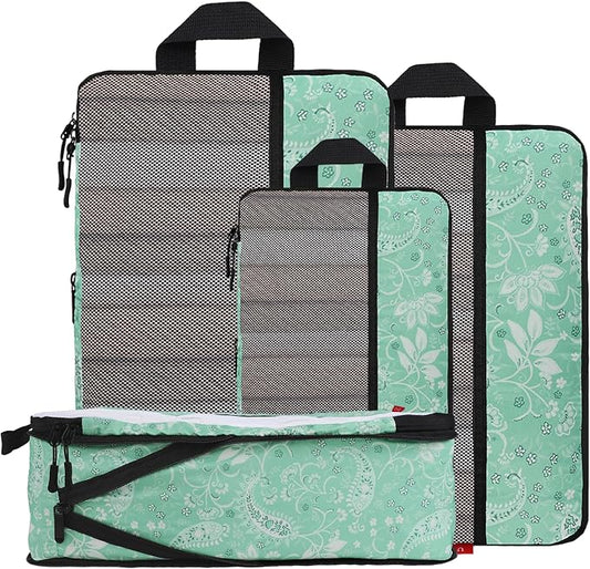 U+U 4 Set Compression Packing Cubes - Ultralight Travel Organizers, Space-Saving Suitcase Organizer, Expandable Packing Cubes for Travel, Business Trip and Family Vacation (Green Paisley) by UU