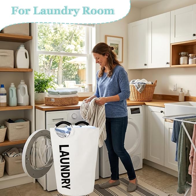 WOOHA 125L Large laundrybasket,Collapsible laundry hamper, Tall Clothes Baskets Folding Washing Bin Foldable Fabric Hamper Bags for Bedroom, Closet,Bathroom,College,laundry bag,beige - Image 2