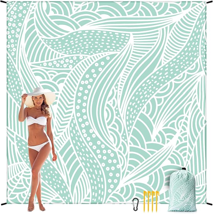 WIWIGO Beach Blanket Sandproof Extra Large Beach Mat Adults Waterproof Quick Drying Sand Free Mat Made by Premium Polyester with 4 Stakes & 4 Corner Pockets for Outdoor Travel Camping Hiking by WIWIGO