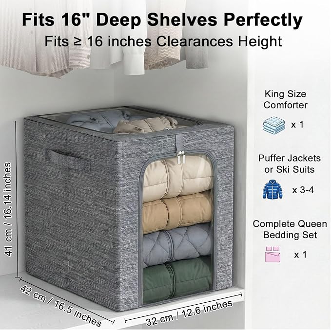 GoMaihe Blanket Storage Bins with Metal Frame, 6-Pack Large Closet Storage Bins with Lid & Clear Window, Comforter Bedding Storage Organizer for Walk-in Closet Cationic Fabric 55L - Image 3