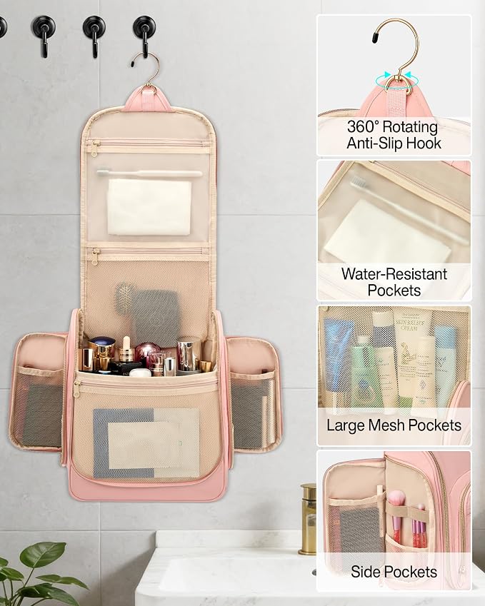 Hanke Hanging Travel Toiletry Bag for Men and Women, Water-Resistant Toiletries Bag Makeup Organizer with Hook, Cosmetic Bag for Bathroom & Travel Essentials Accessories, Pink - Image 5