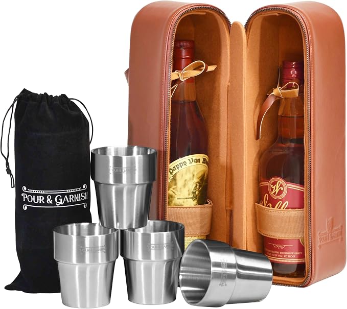 POUR & GARNISH Bourbon, Whiskey & Wine Double Bottle Travel Bag – Vegan Leather Spirits Carrier with 4 Stainless Steel Insulated Glasses & Gift Pouch – Luxury Barware Gift by POUR+%26+GARNISH