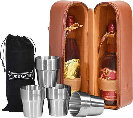 POUR & GARNISH Bourbon, Whiskey & Wine Double Bottle Travel Bag – Vegan Leather Spirits Carrier with 4 Stainless Steel Insulated Glasses & Gift Pouch – Luxury Barware Gift by POUR+%26+GARNISH