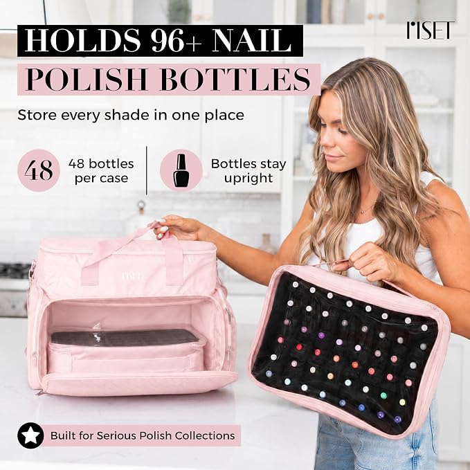 Nail Polish Organizer Case - Structured Spill-Proof Travel Bag with Reinforced Stitching, Strong Zippers, Removable Dividers - Extra Large Manicurist Storage Box in Luxury Gift-Ready Packaging - Pink - Image 3