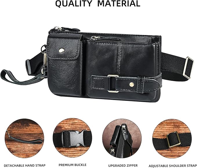 Water Resistant Canvas + Leather Hiking Riding Travel Fanny Waist Pack Small Phone Pouch For Men Women FB811-29 (100% Leather-The 8135 Black) - Image 5
