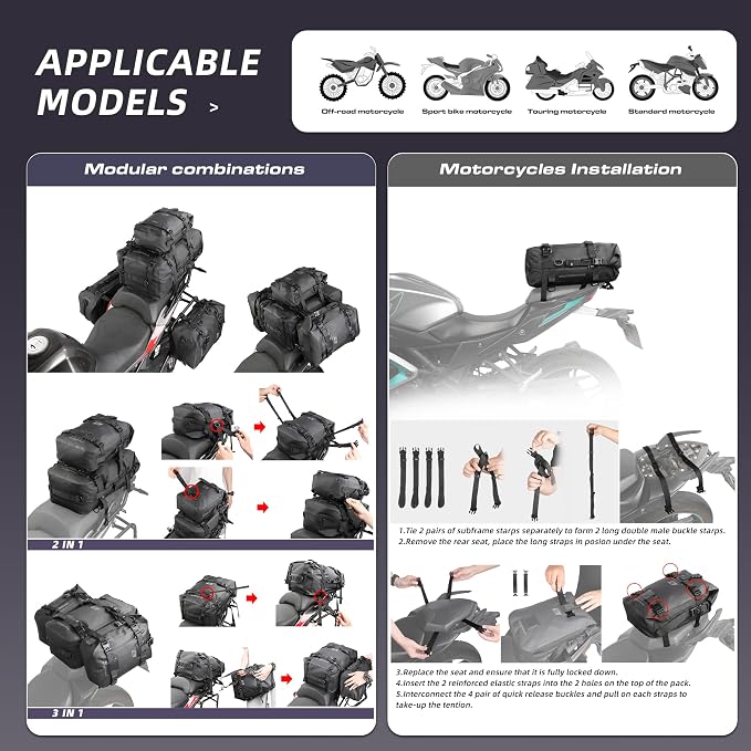 Rhinowalk Motorcycle Tail Bag, Travel Luggage Bags, Waterproof Rear Carrier, Motorcycle Rear Seat Bag Backpack, Rear Rack Trunk - Black 15L - Image 4