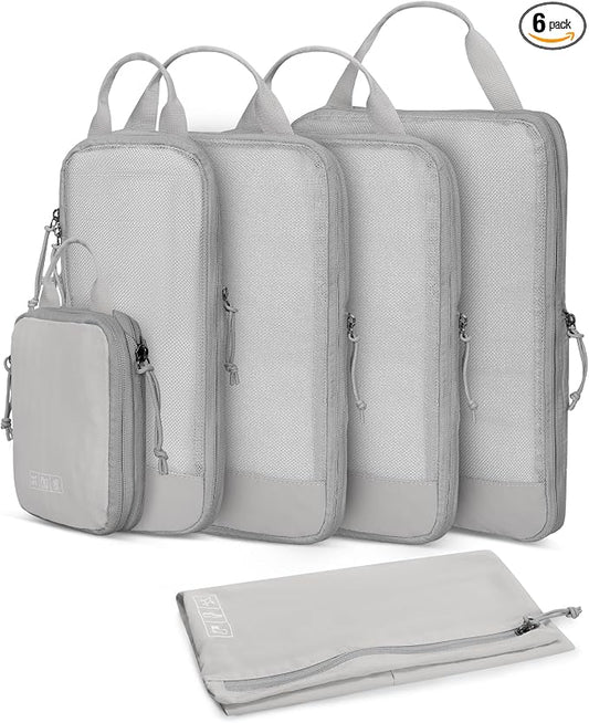 Hynes Eagle 6 Set/ 4 Set/ 2 Set Compression Packing Cubes Travel Essentials Lightweight Nylon Luggage Suitcase Organizer Bag Light Grey 6PCS by HynesEagle