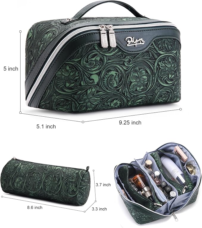 BOYATU Travel Makeup Bags Cosmetic Organizer Bag: 3 Pcs Set Large Capacity Floral Make up Bag with Compartments - Waterproof Leather Toiletry Bags with Handle for Women (18-Green) - Image 2