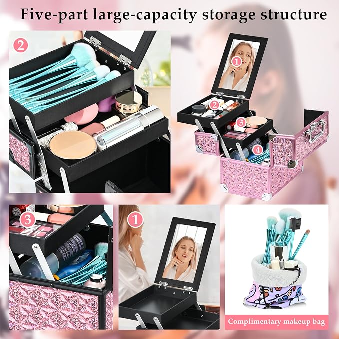 Makeup Case Organizer,Makeup Train Case, Trays Cosmetic Box Portable, Profesional for Salon Barber,Pink - Image 4