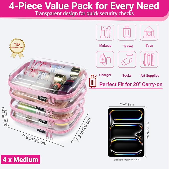 YQBRAO 4-Pack Clear Diaper Bag Organizer Pouches, 1.2mm Ultra-Thick PET Travel Pouches for Toiletries & Makeup, Rigid Self-Standing Bags with YKK Zippers, TSA Approved (Pink) - Image 4