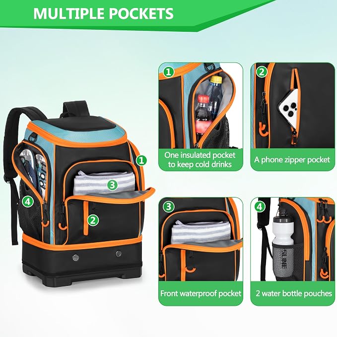 Smasrob 35L Swim Bag, Swim Backpack with Hard Shoe Compartment, Orange | 2 Insulated Sections, Multiple Pockets, for Boys and Girls - Image 3