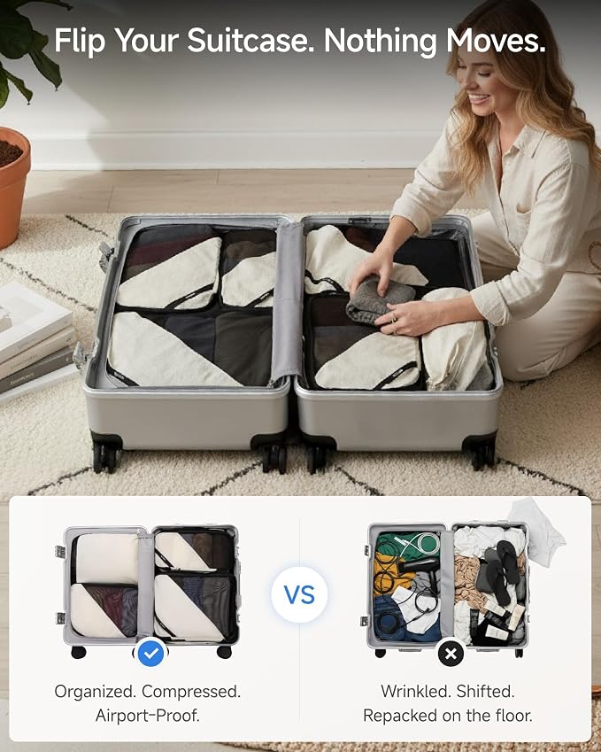 LUGGEX Compression Packing Cubes for Travel, 4 Set Lightweight Luggage Organizer Bags with Shoe Bag, Space Saving Suitcase Packing Cubes for Carry-On with Breathable Mesh, Double-Zipper (POX01, Beige) - Image 3