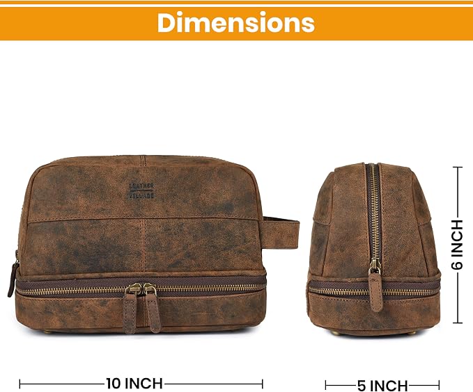 LEATHER VILLAGE Genuine Leather Dopp Kit - Travel Bag with Waterproof Lining, Large Capacity Toiletry Bag, Dual-Zip Design for Men & Women, Shaving & Bathroom Essentials Organizer-Rustic Brown - Image 5