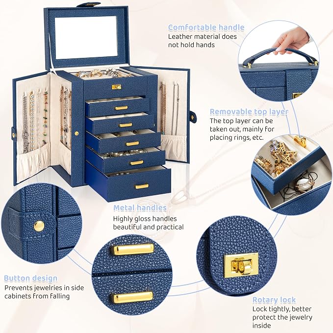 AKOZLIN 6-Tier Jewelry Box Organizer Functional 5 Drawers Leather Jewelry Storage Case for Women Girls Ring Necklace Earring Bracelet Holder Organizer with Mirror Blue Regular - Image 7