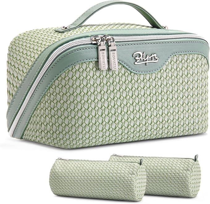 BOYATU Travel Makeup Bags for Women: Large Capacity Make up Bag with Wide Opening - 3 Pcs Set Waterproof Travel Toiletry Organizer for Full-Sized Bottles, Cosmetics & Brushes (Light Green-W) by BOYATU
