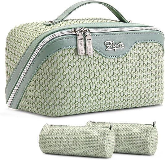 BOYATU Travel Makeup Bags for Women: Large Capacity Make up Bag with Wide Opening - 3 Pcs Set Waterproof Travel Toiletry Organizer for Full-Sized Bottles, Cosmetics & Brushes (Light Green-W) by BOYATU
