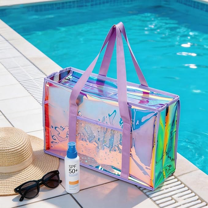 Iridescent Waterproof Beach Tote Bag for Women Large Jelly Tote Bag for Summer Travel Vacation Swim Pool - Image 3