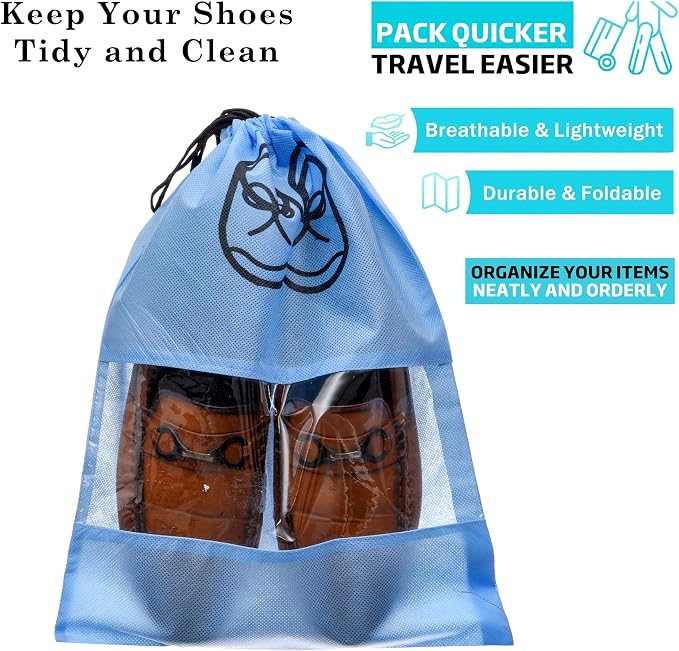 Kuber Industries Shoe Cover | Travel Shoe Storage Bags | Non-Woven Storage Bag | Shoe Cover with Drawstring | Shoe Organizer with Clear window | Plain | Pack of 24 | Sky Blue - Image 2