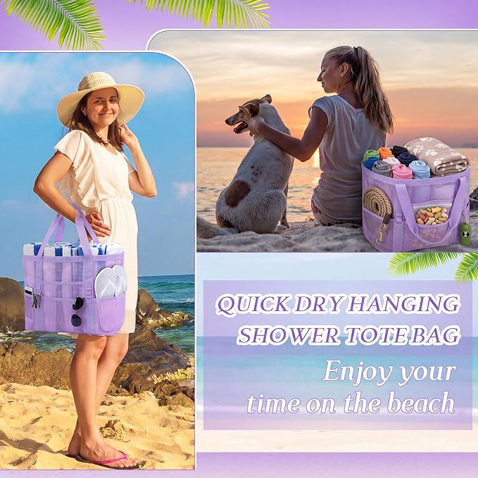 Hillban Large Beach Mesh Bags Bulk for Women Beach Tote Bag with 8 Pocket Zipper Waterproof Sandproof for Pool Cruise Ship - Image 4