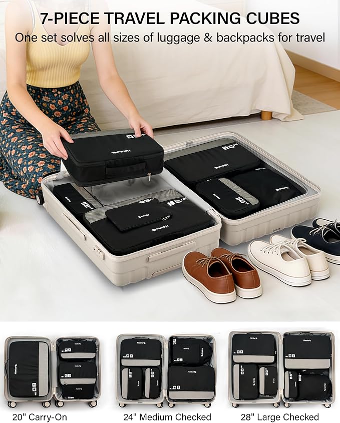Hanke 7 Piece Expandable Compression Packing Cubes, Premium Travel Packing Organizers for Suitcases/Carry On, Luggage Organizer Bags with Breathable Mesh & Label,Black - Image 8
