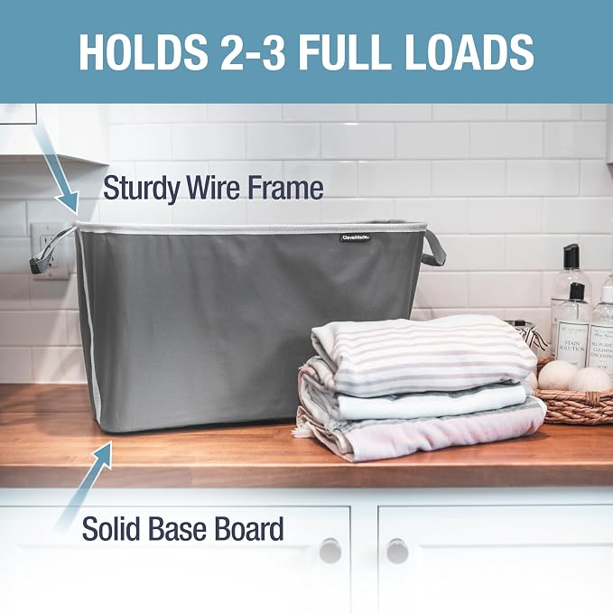 CleverMade Collapsible Laundry Basket 2 Pack – 60L (16 Gal) Foldable Clothes Hamper with Reinforced Handles, Space Saving Fabric Laundry Bin, Holds 55 lbs, Flat Folding for Dorm, Apartment & RV - Charcoal - Image 2