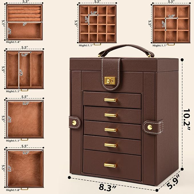 AKOZLIN 6-Tier Jewelry Box Organizer Functional 5 Drawers Leather Jewelry Storage Case for Women Girls Ring Necklace Earring Bracelet Holder Organizer with Mirror Brown Regular - Image 4