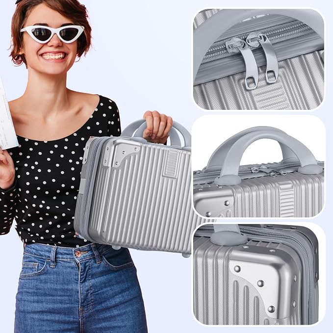 14 Inch Hard Shell Cosmetic Case, Mini Carrying Makeup Suitcase, Silver | Small Pressure-proof Hard Case Makeup Travel Case with Elastic Band ABS Carrying Suitcase, Mini Travel Hand Luggage Organizer - Image 2