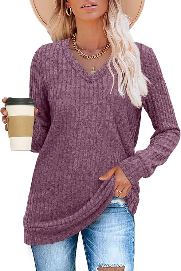 Sampeel V Neck Long Sleeve Shirts for Women Casual Fall Tops Lightweight Tunic Sweaters Fashion Clothes Loose Fit 2025