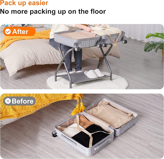 Heybly Luggage Rack for Guest Room, Pack of 2, Steel Folding Suitcase Stand with Storage Shelf for Bedroom, Hotel, Foldable Steel Frame, Guest Room, 26.2" L x 14.4" W x 20.5" H, Gray HLR004G2 - Image 8
