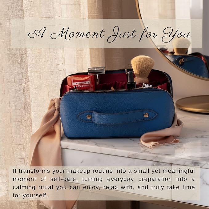 VENOULT Makeup Bag, Spacious Cosmetic Case for Women, Portable 180° Wide-Open Flat Cosmetic Bag, Travel Toiletry Organizer with Handle, Hanmdade, Full Grain Genuine Turkish Leather (Fun Blue) - Image 5