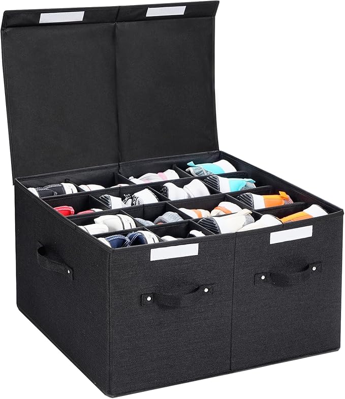 Shoe Organizer for Closet, Foldable Shoe Storage Box with Adjustable Dividers, Large Space Saving Shoe Storage Container Fits up to 16 Pairs with Reinforced Handles (Black) by FBBABB