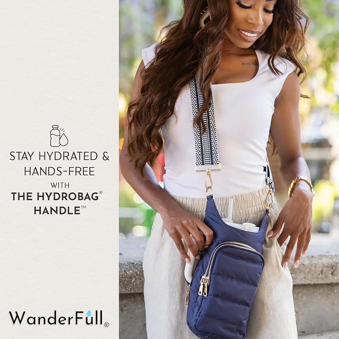 WanderFull Original HydroBag Handle®, Zipper for Handle, 40 oz Water Bottle Holder w/Strap, Crossbody Carrier Bag w/Phone Pocket, Tumbler Accessories - Island Navy Matte w/Patterned Strap - Image 2