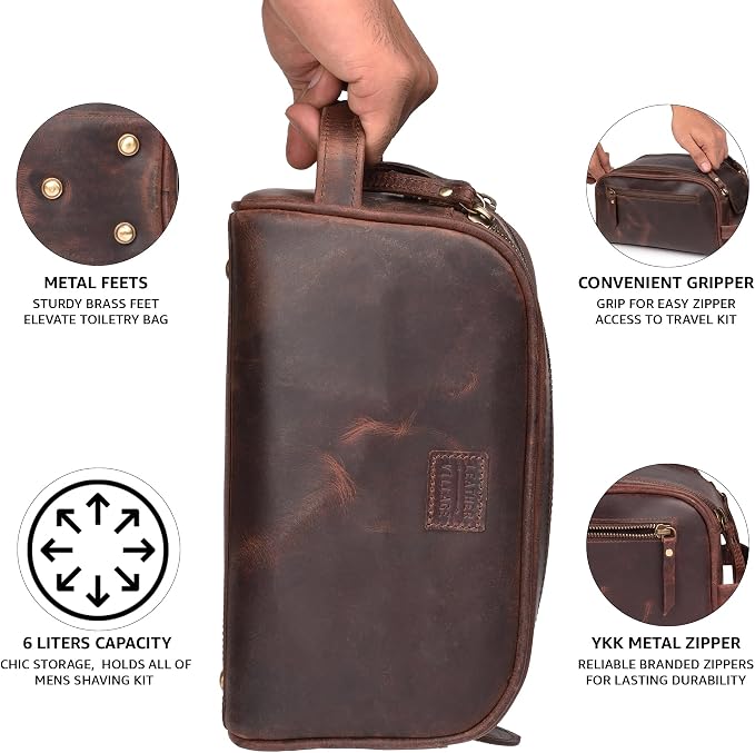 LEATHER VILLAGE Genuine Leather Toiletry Travel Bag With Waterproof Lining - Mulberry Brown | King-Size Handcrafted Vintage Dopp Kit Bag, Shaving & Bathroom Organizer, Gift for Men & Women - Image 5