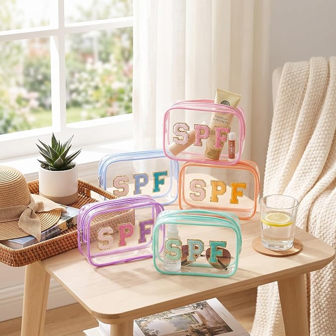 Kacctyen 20 Pcs Clear SPF Makeup Bags Bulk 5 Colors Sunscreen Pouch Beach Pool Waterproof Toiletry Cosmetic Bags Set Preppy Chenille Letter Patch Zip Organizer Girls Summer Vacation Gifts Essentials - Image 3