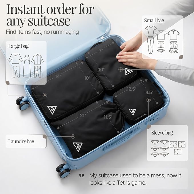 Well Traveled 4 pcs Compression Packing Bags Cubes Set with HybridMax Double-Capacity Design - Packing Cubes for Travel Compression to Maximize Limited Luggage Space, Black - Image 3