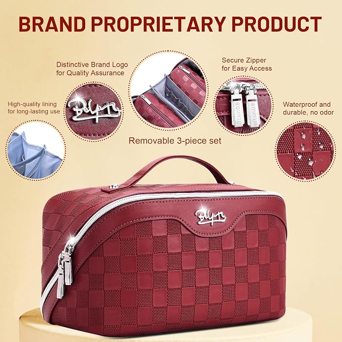 BOYATU Travel Makeup Bag Organizer: 3 Pcs Set Large Capacity Cosmetic Bags Holds 10–20 100ml Full-Size Bottles - 180°Open-Flat Make up Case 3-sec touch-up - Toiletry Bag Gift women (03-A-Red) - Image 3