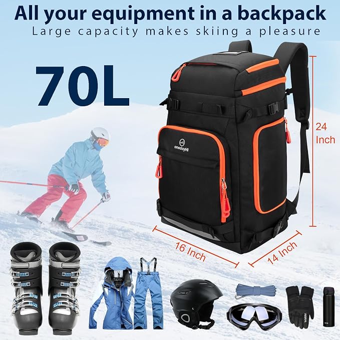 Ski Boot Bag, 70L Snowboard Boot Backpack, Waterproof Ski Boot Bag Backpack, Ski & Snowboard Boots Travel Backpack for Ski Helmets, Goggles, Gloves, Apparel & Accessories for Adults & Youth - Image 4