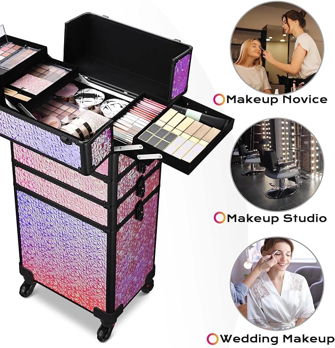 BYOOTIQUE Rolling Makeup Case 4in1 Cosmetology case on wheels Makeup Artist | Aluminum Rolling Makeup Suitcase with 360° Detachable Wheel Lockable 54Lb Large Capacity Organizer Nail Tech Mermaid Pink - Image 2