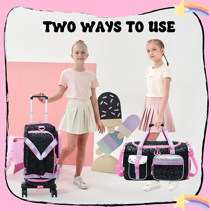 Kids Rolling Duffle Bag with Wheels for Girls Overnight Bag with Makeup Bag Dance Bag for Girls Travel Bag with Travel Toiletry Bag Girls Luggage Bag for Travel - Image 2