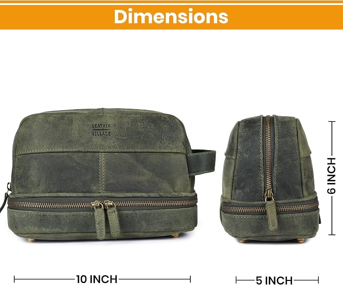 LEATHER VILLAGE Genuine Leather Dopp Kit - Travel Bag with Waterproof Lining, Large Capacity Toiletry Bag, Dual-Zip Design for Men & Women, Shaving & Bathroom Essentials Organizer - Olive - Image 5