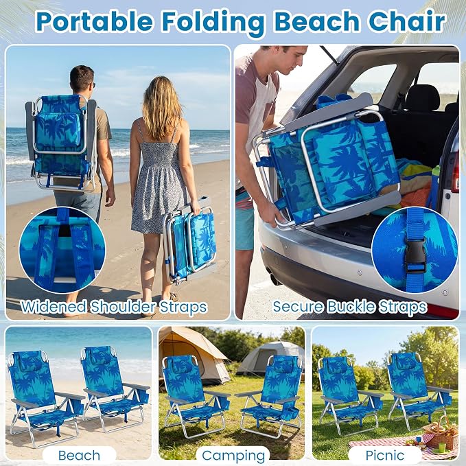 Giantex Folding Beach Chair, Patio Sling Chairs with 5 Adjustable Position, Head Pillow, Storage Bag, Towel Bar, Cup Holders, Backpack Chairs for Sunbathing, Camping Chair - Image 5